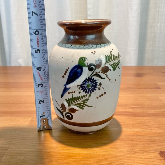 VTG Santana Tonala Art Pottery Vase 7" Tall Made in Mexico Painted Bird Floral - Picture 2 of 16
